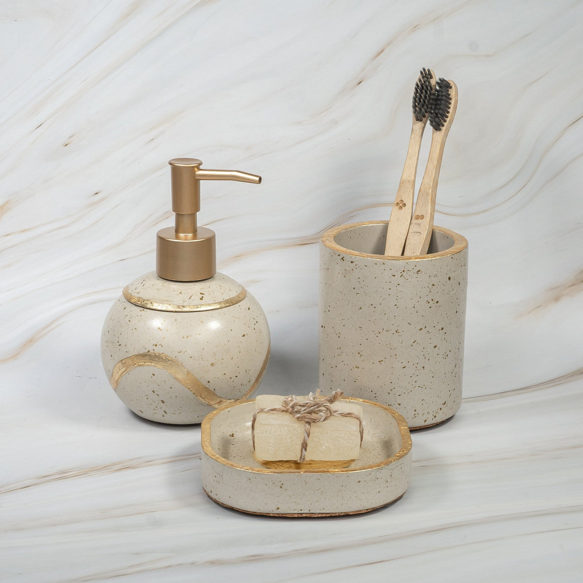 Pure Bathroom Set in Warm Stone, handcrafted bathroom accessories set