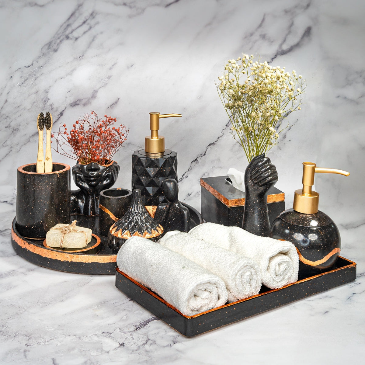 Radiantia Bathroom Set in Charcoal Black, handcrafted bathroom accessories set