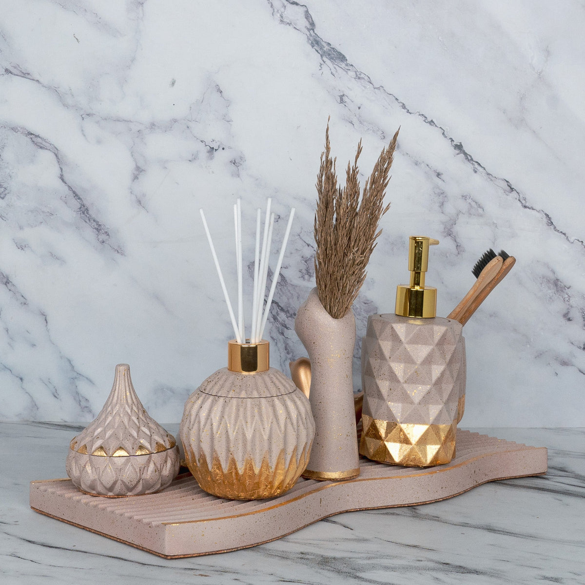 Realm Bathroom Set in Rose Dune, handcrafted bathroom accessories set