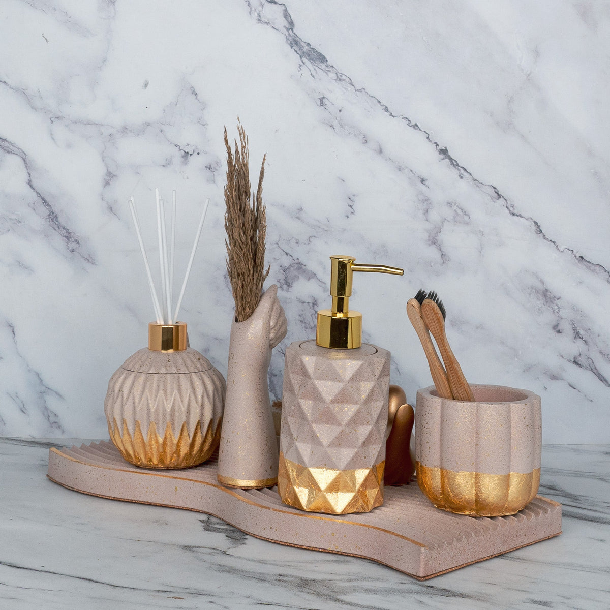 Realm Bathroom Set in Rose Dune, handcrafted bathroom accessories set