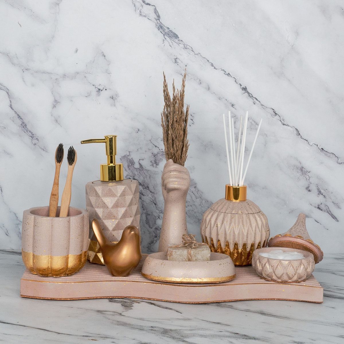 Realm Bathroom Set in Rose Dune, handcrafted bathroom accessories set