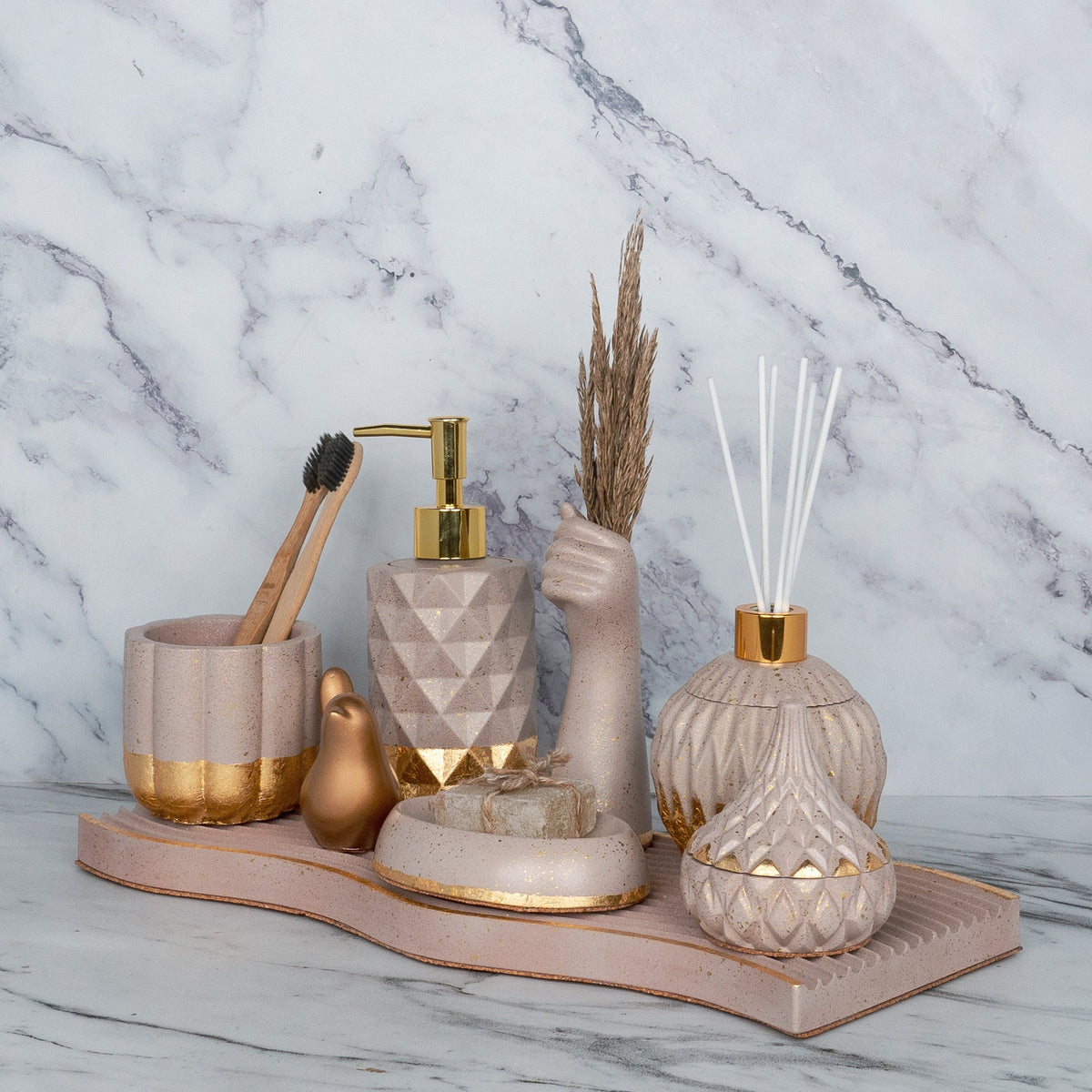 Realm Bathroom Set in Rose Dune, handcrafted bathroom accessories set
