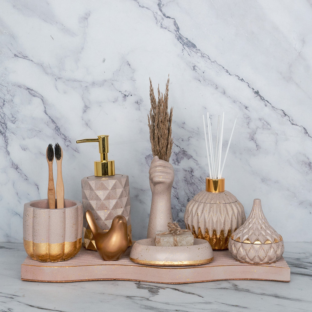 Realm Bathroom Set in Rose Dune, handcrafted bathroom accessories set