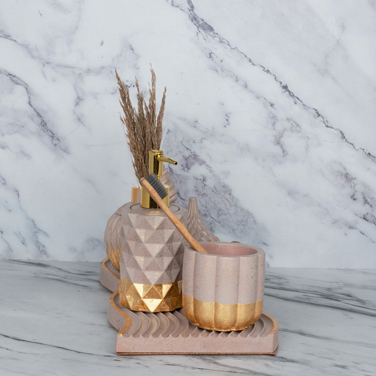 Realm Bathroom Set in Rose Dune, handcrafted bathroom accessories set