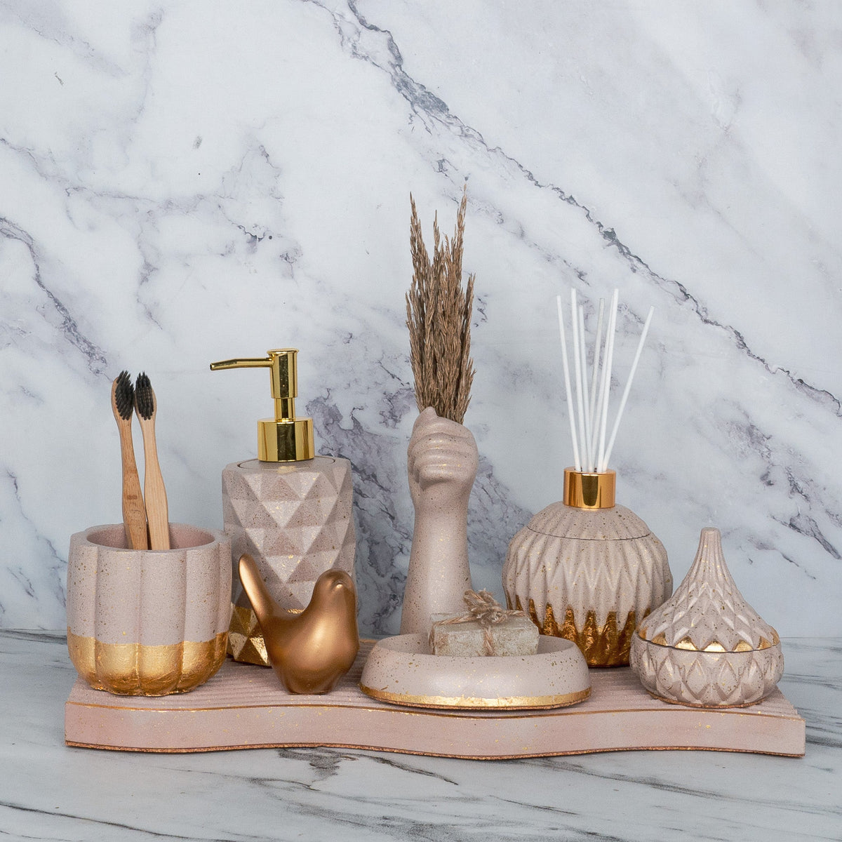 Realm Bathroom Set in Rose Dune, handcrafted bathroom accessories set