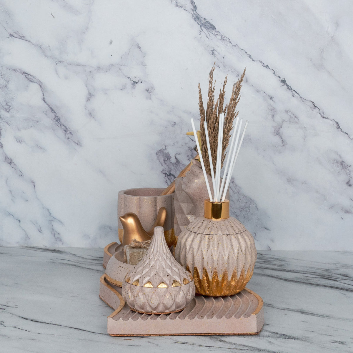 Realm Bathroom Set in Rose Dune, handcrafted bathroom accessories set