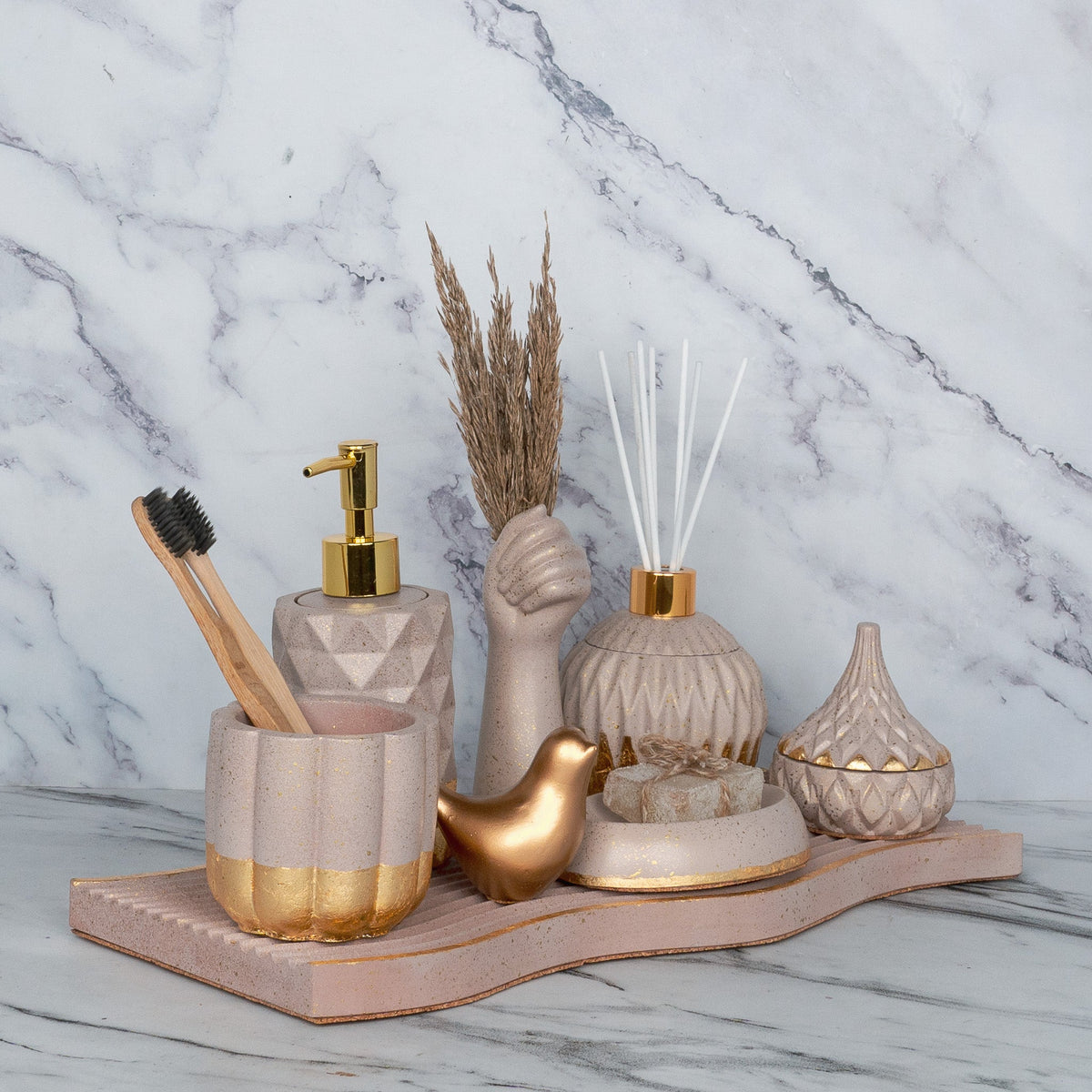 Realm Bathroom Set in Rose Dune, handcrafted bathroom accessories set