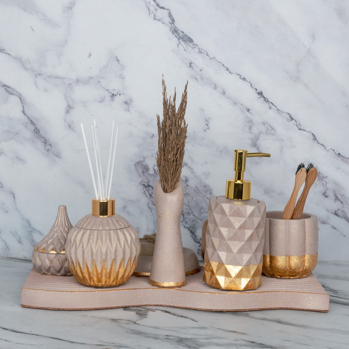 Realm Bathroom Set in Rose Dune, handcrafted bathroom accessories set