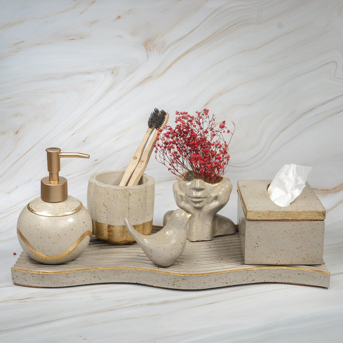 Riva Bathroom Set in Warm Stone, handcrafted bathroom accessories set