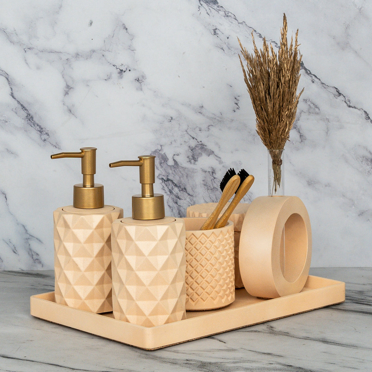 Ronald Bathroom Set in Sunset Glow, handcrafted bathroom accessories set