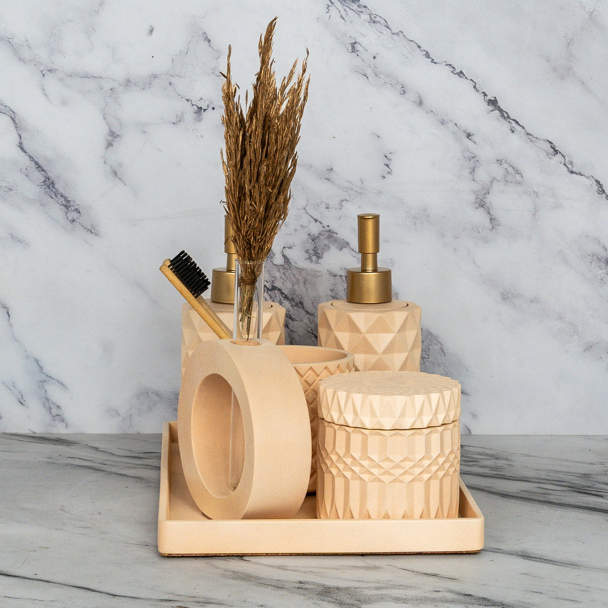 Ronald Bathroom Set in Sunset Glow, handcrafted bathroom accessories set