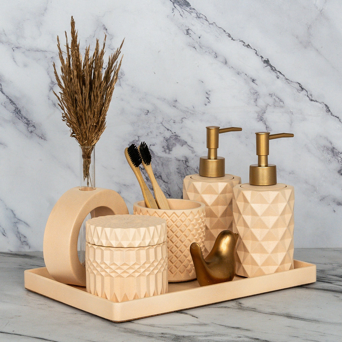 Ronald Bathroom Set in Sunset Glow, handcrafted bathroom accessories set