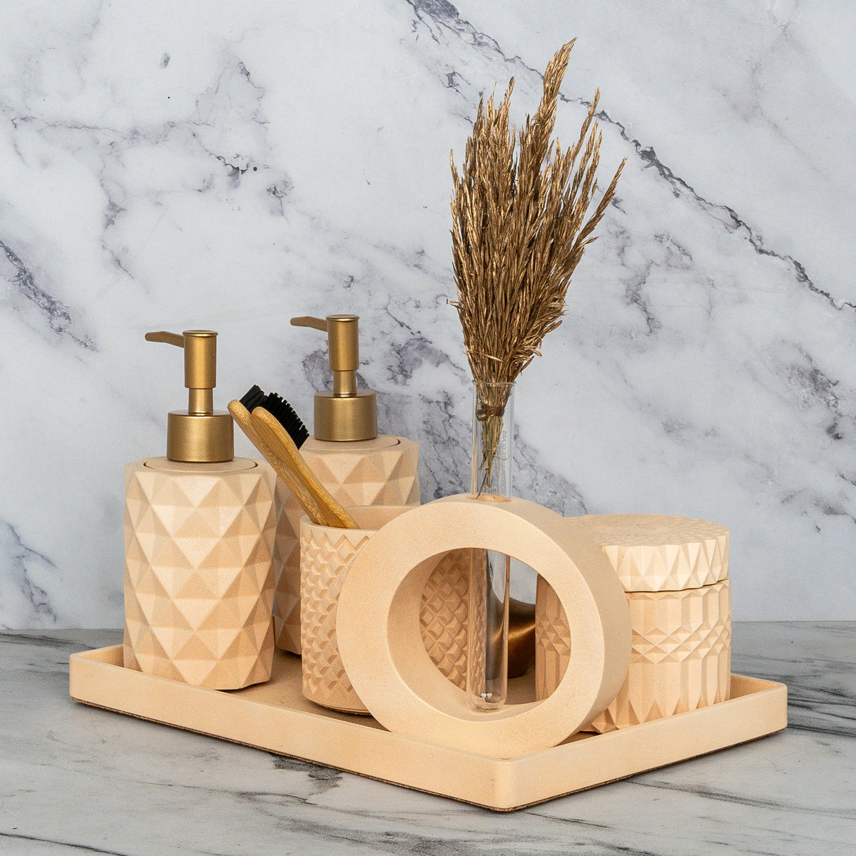 Ronald Bathroom Set in Sunset Glow, handcrafted bathroom accessories set