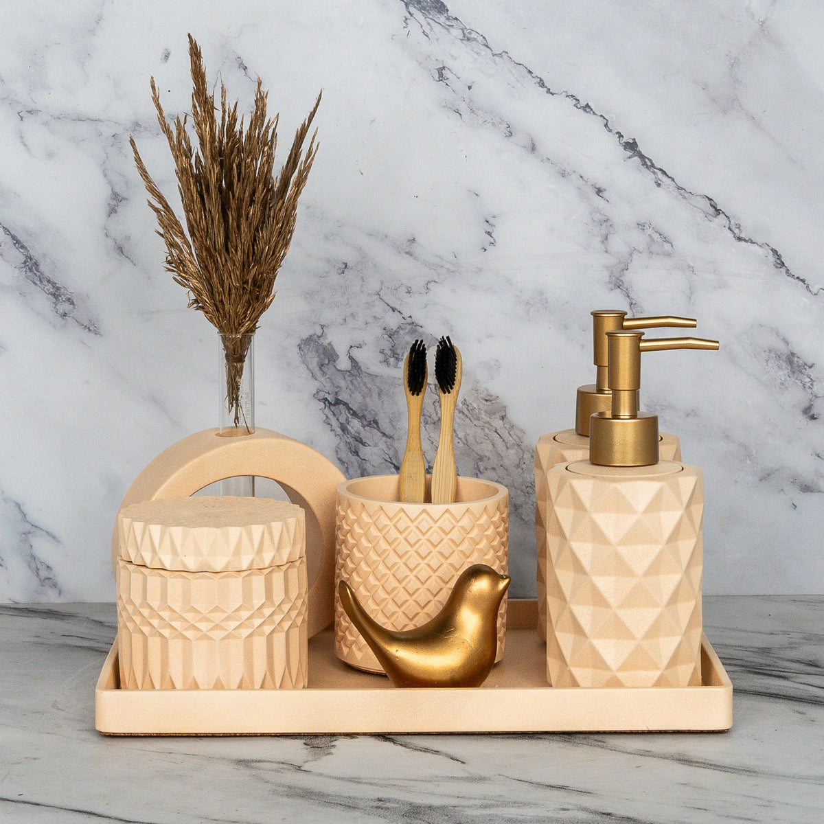Ronald Bathroom Set in Sunset Glow, handcrafted bathroom accessories set