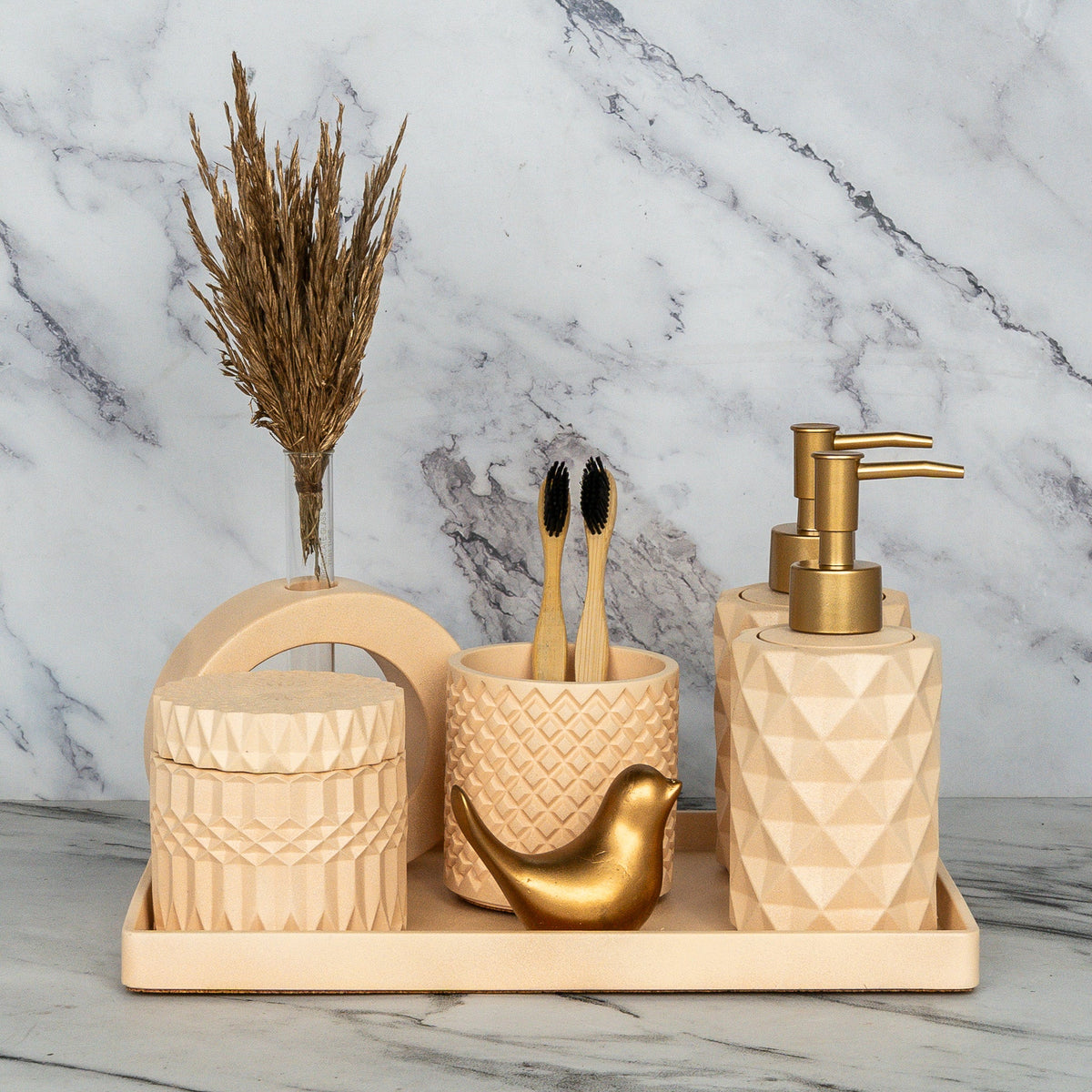 Ronald Bathroom Set in Sunset Glow, handcrafted bathroom accessories set