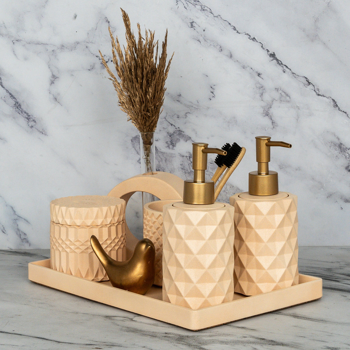 Ronald Bathroom Set in Sunset Glow, handcrafted bathroom accessories set