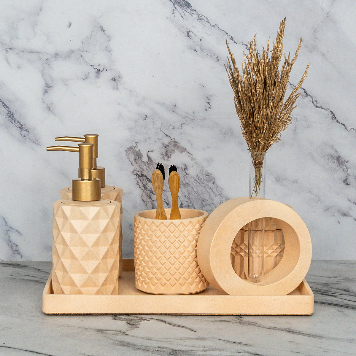 Ronald Bathroom Set in Sunset Glow, handcrafted bathroom accessories set