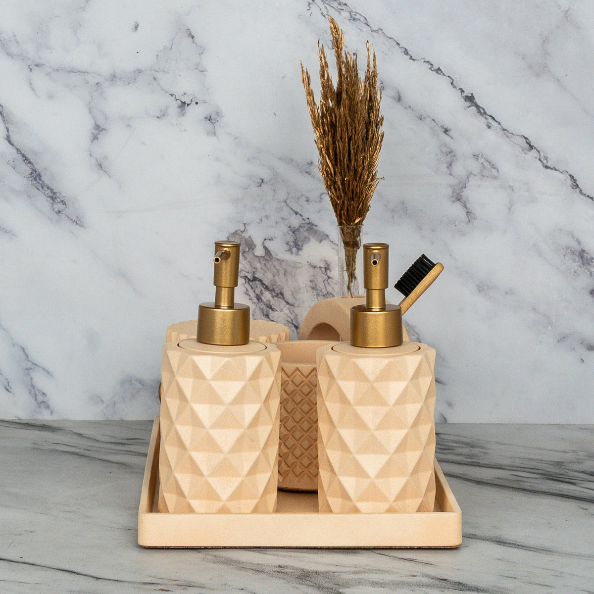 Ronald Bathroom Set in Sunset Glow, handcrafted bathroom accessories set