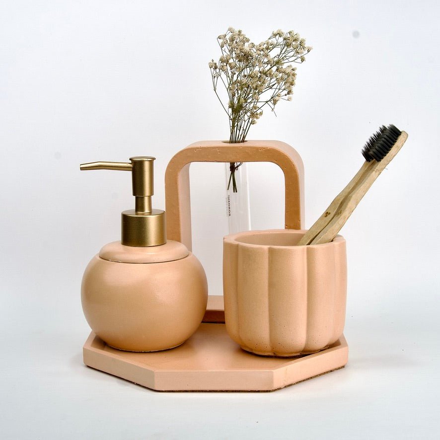 Rosebud Bathroom Set in Sunset Glow, handcrafted bathroom accessories set