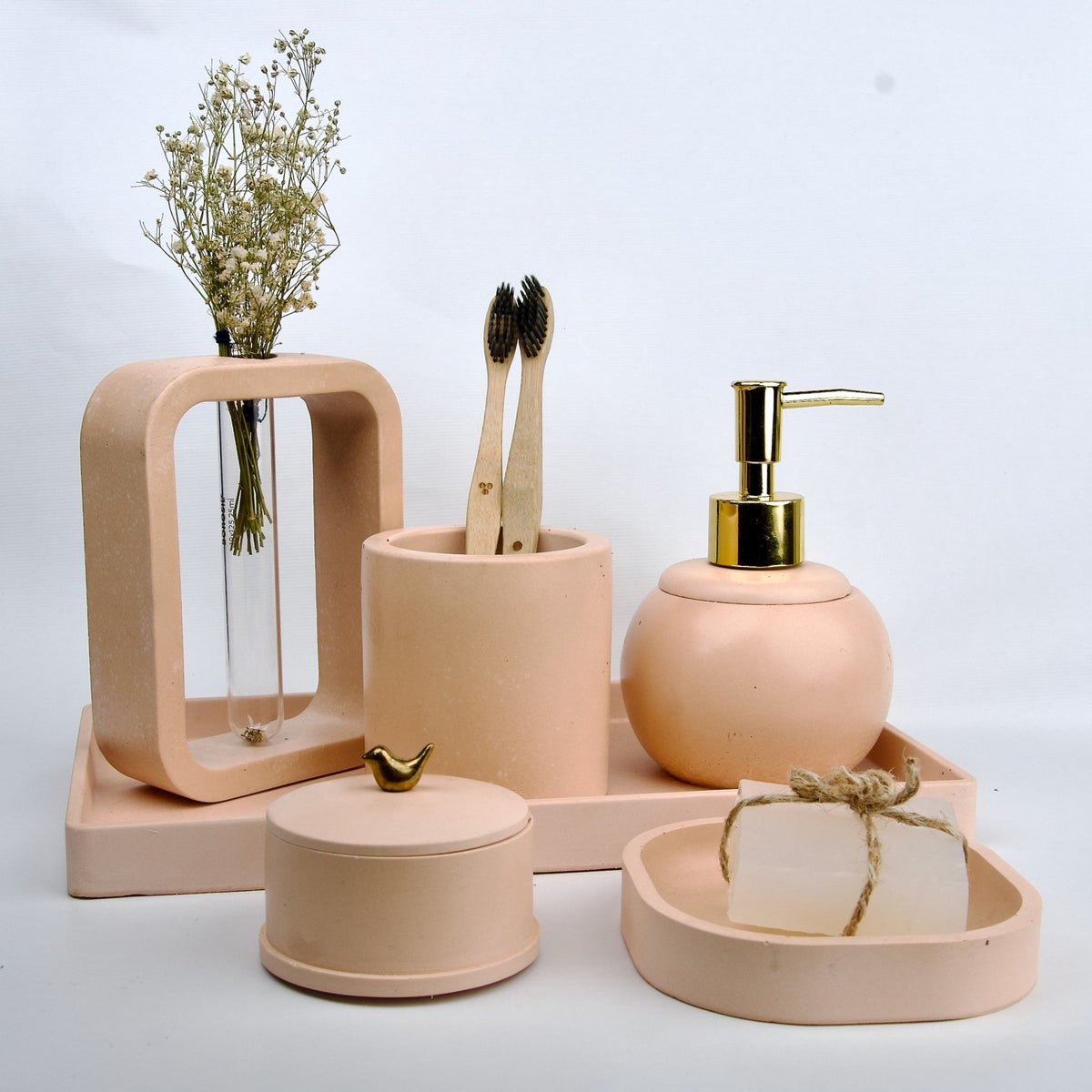 Rossel Bathroom Set in Sunset Glow, handcrafted bathroom accessories set