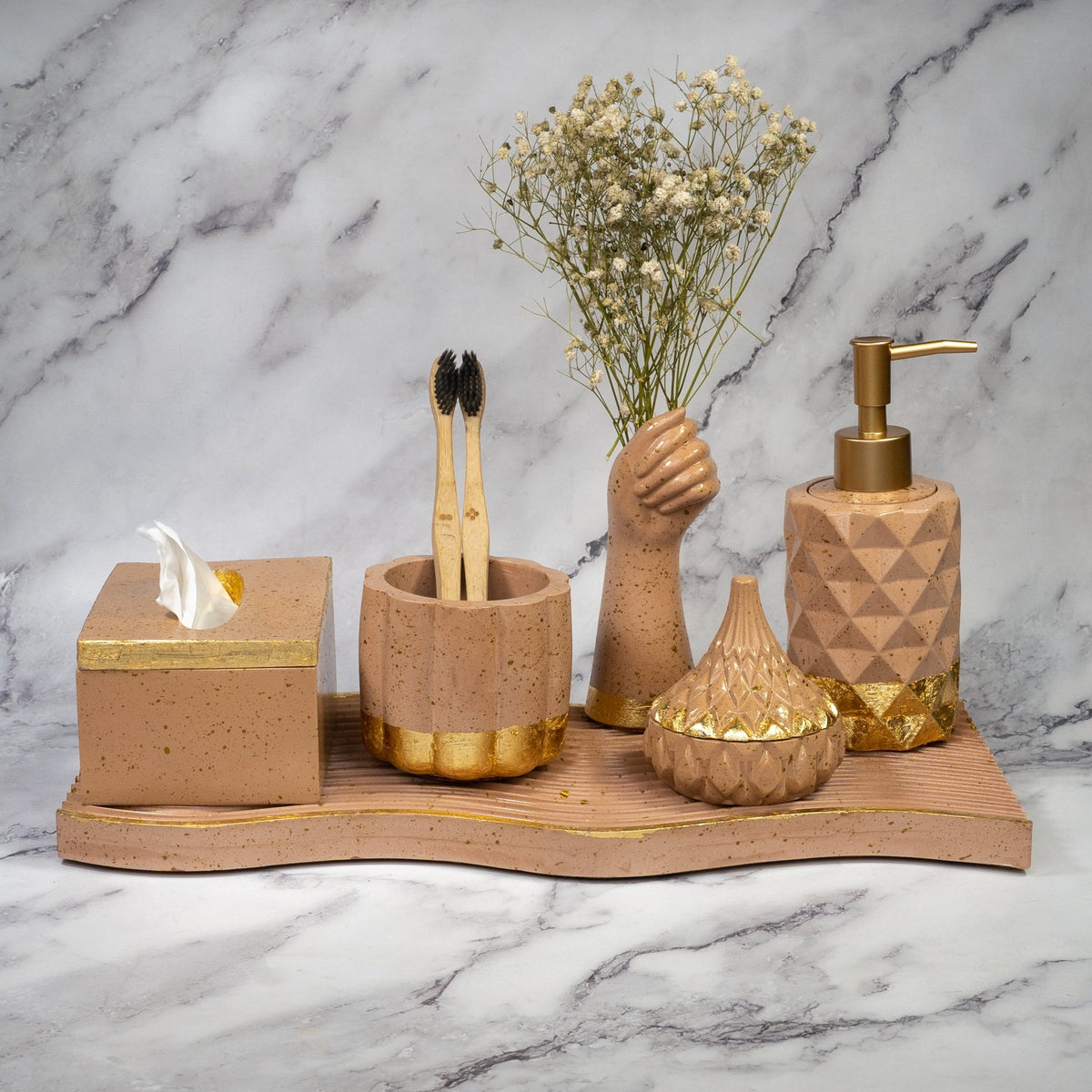 Sandcastle Bathroom Set in Warm Stone, handcrafted bathroom accessories set