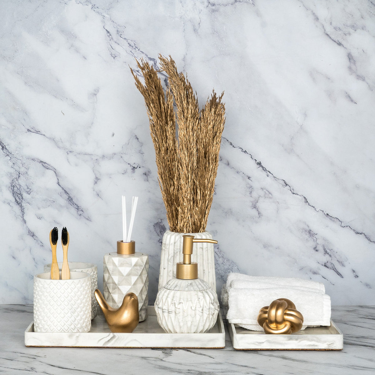 Sattvario Bathroom Set in Moon Light, handcrafted bathroom accessories set