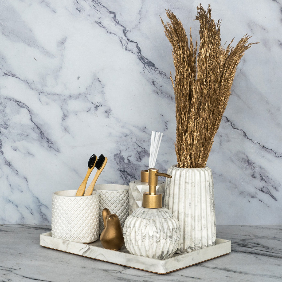 Sattvario Bathroom Set in Moon Light, handcrafted bathroom accessories set