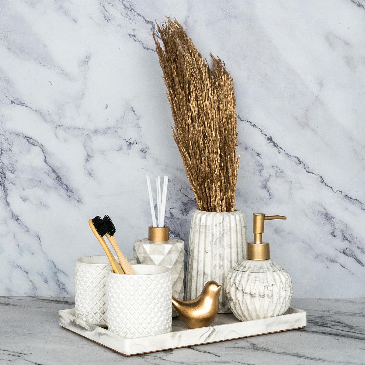 Sattvario Bathroom Set in Moon Light, handcrafted bathroom accessories set
