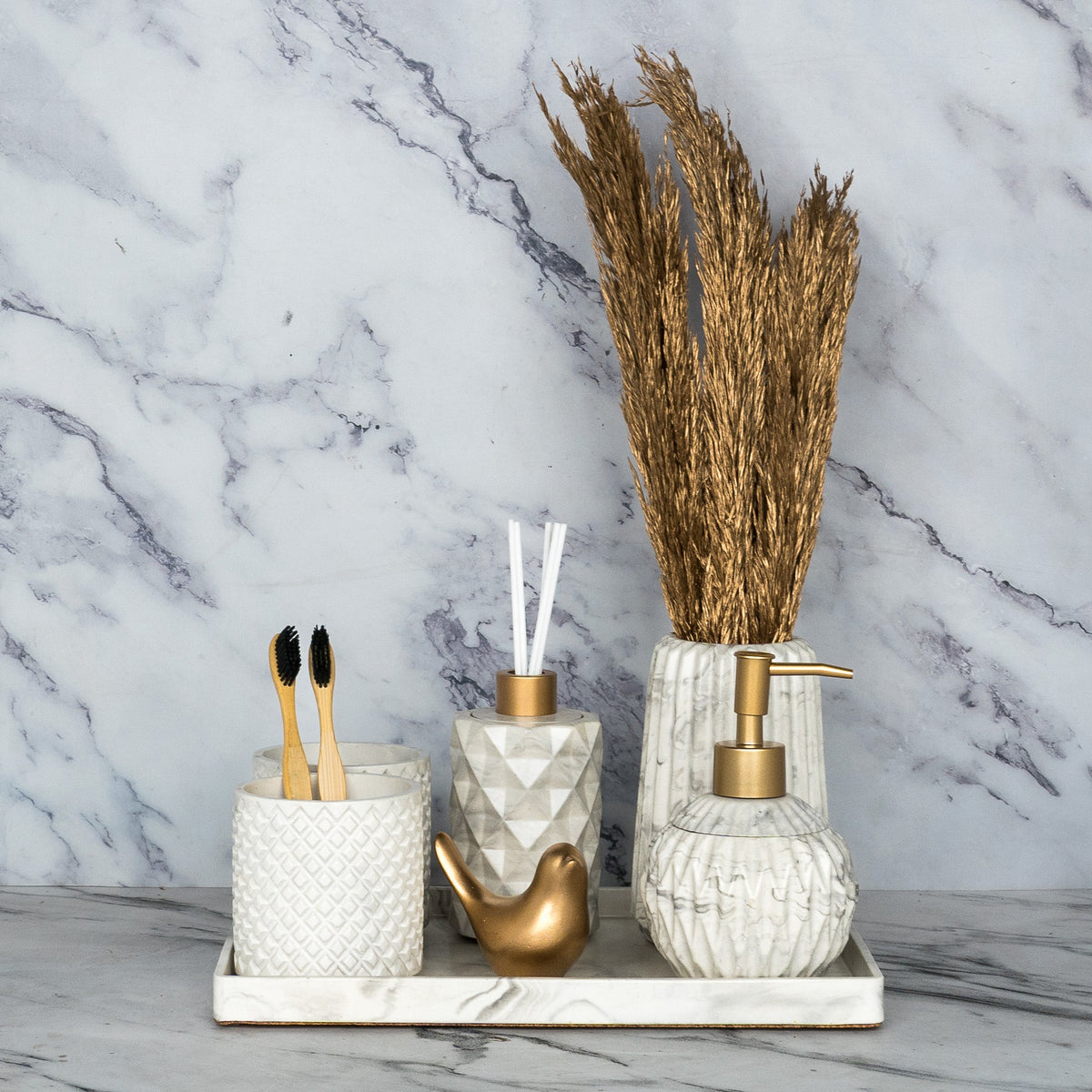 Sattvario Bathroom Set in Moon Light, handcrafted bathroom accessories set