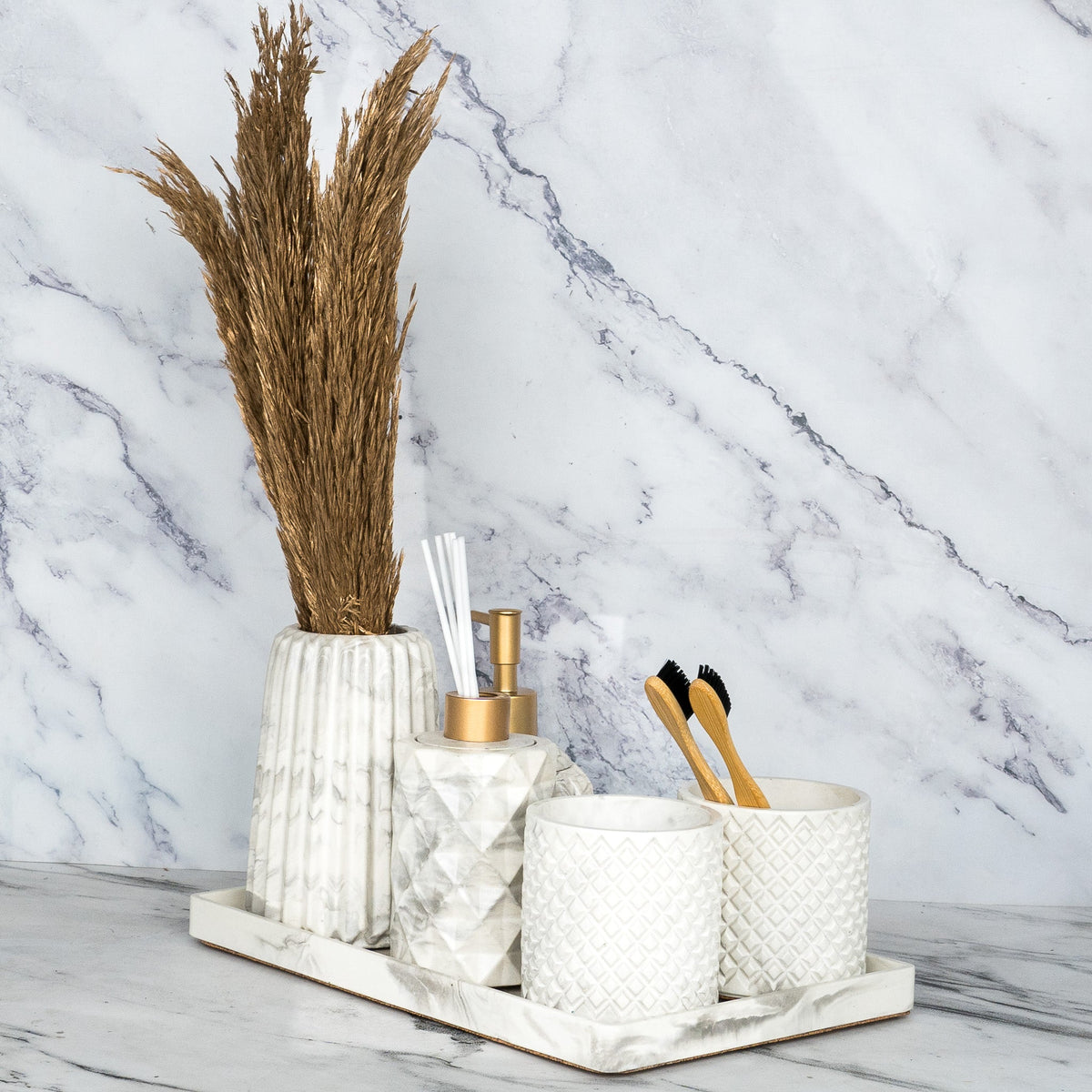 Sattvario Bathroom Set in Moon Light, handcrafted bathroom accessories set