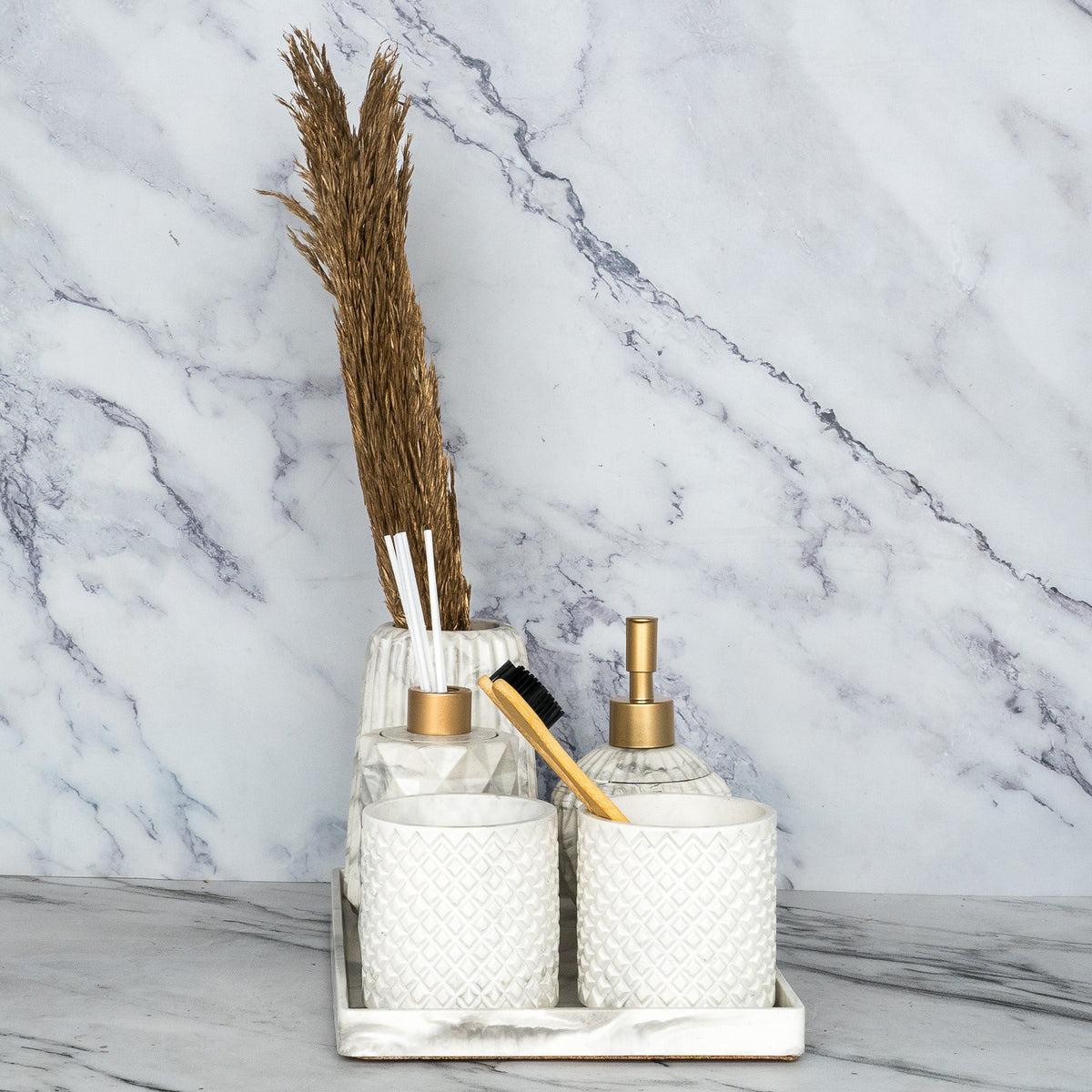 Sattvario Bathroom Set in Moon Light, handcrafted bathroom accessories set