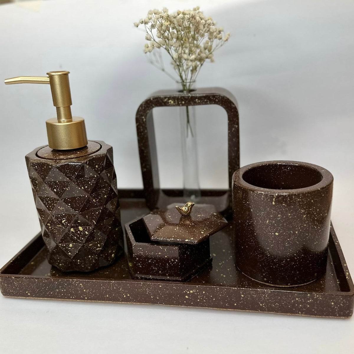 Savoir Bathroom Set in Vintage Walnut, handcrafted bathroom accessories set