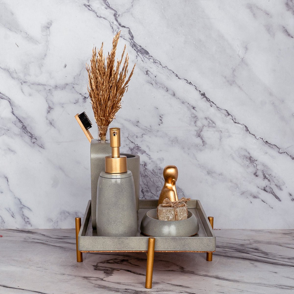 Slavia Bathroom Set in Burnished Grey, handcrafted bathroom accessories set