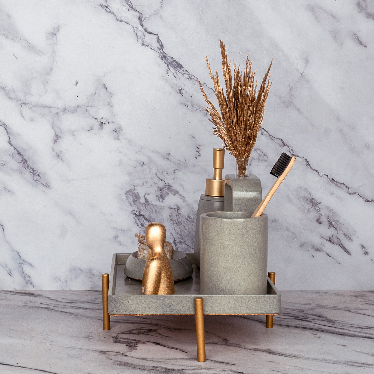 Slavia Bathroom Set in Burnished Grey, handcrafted bathroom accessories set