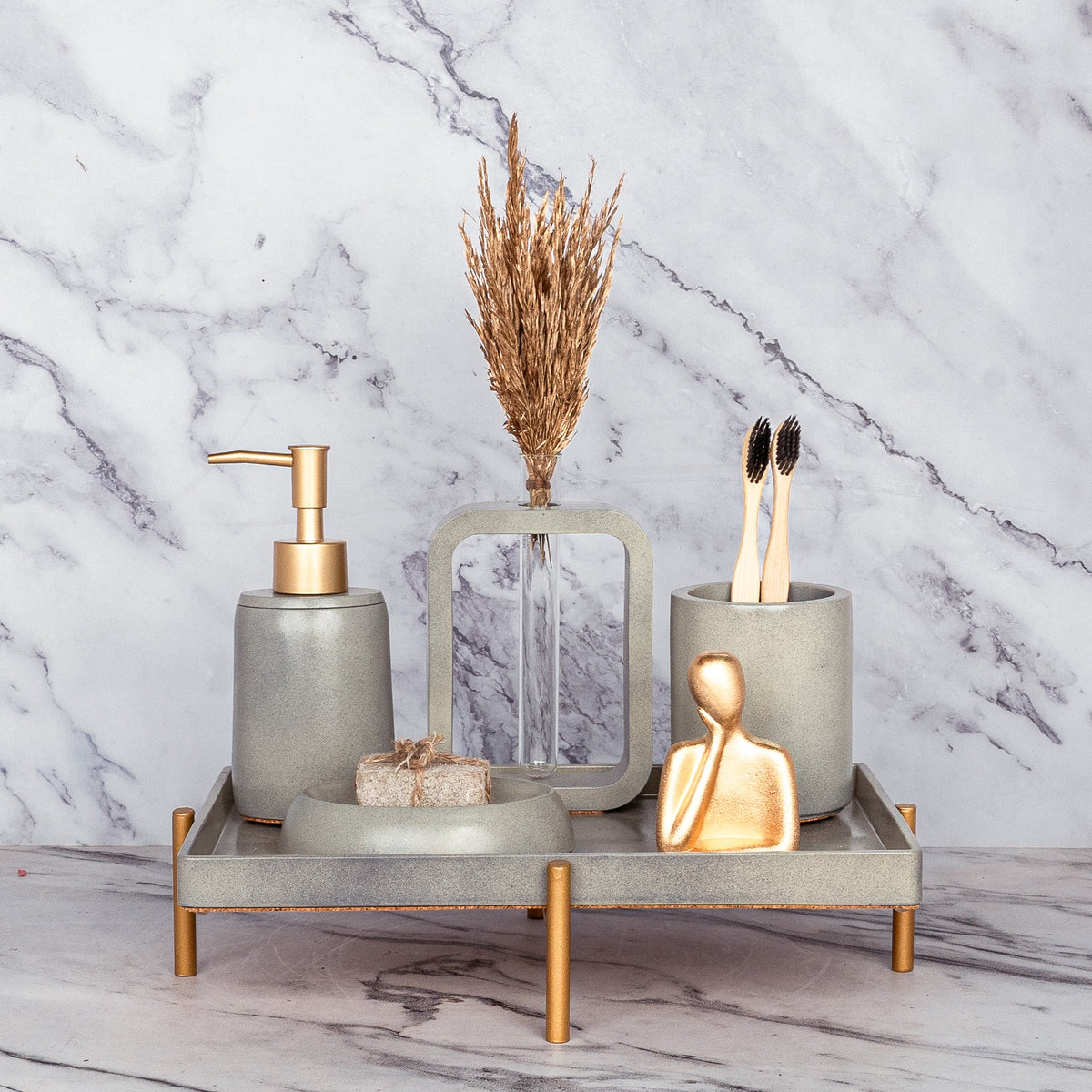 Slavia Bathroom Set in Burnished Grey, handcrafted bathroom accessories set