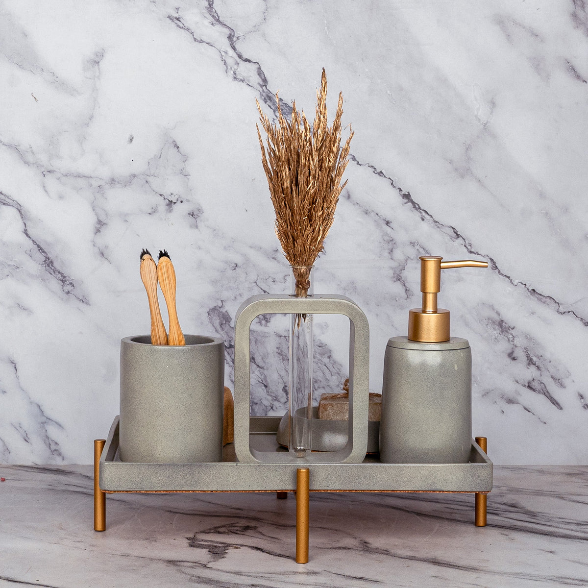 Slavia Bathroom Set in Burnished Grey, handcrafted bathroom accessories set