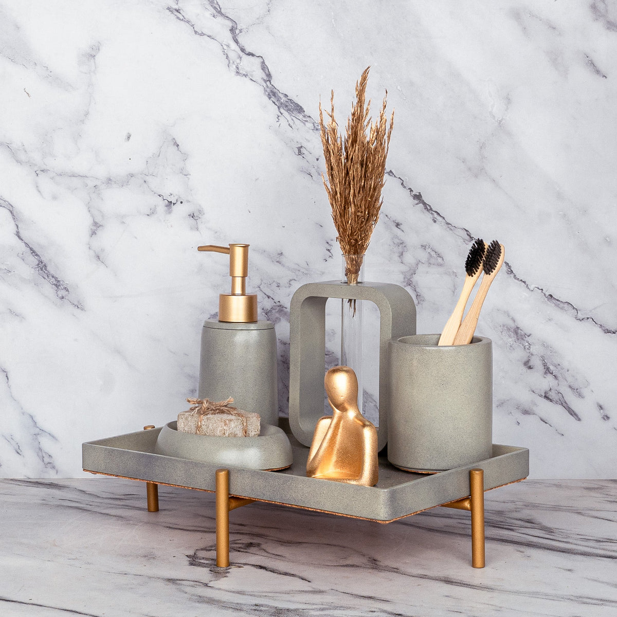 Slavia Bathroom Set in Burnished Grey, handcrafted bathroom accessories set