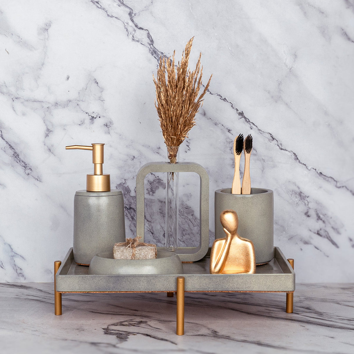 Slavia Bathroom Set in Burnished Grey, handcrafted bathroom accessories set