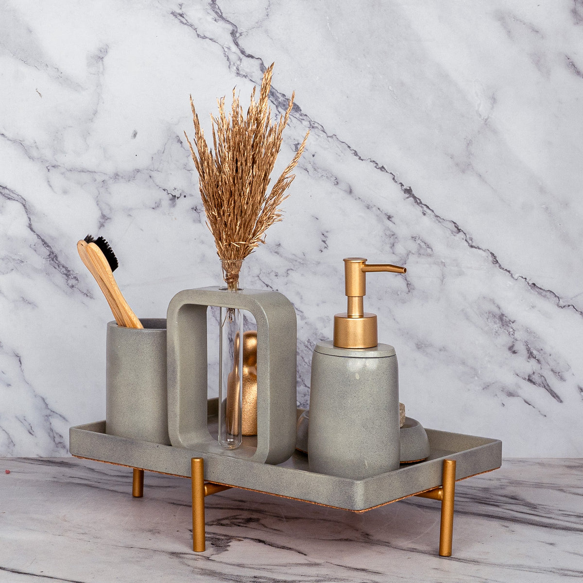 Slavia Bathroom Set in Burnished Grey, handcrafted bathroom accessories set
