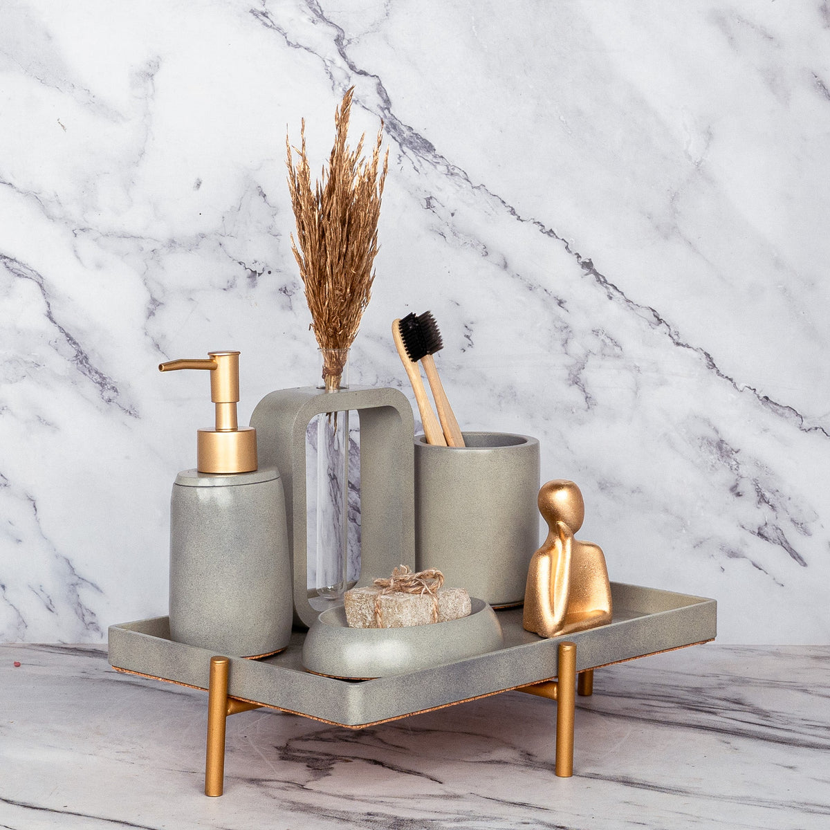 Slavia Bathroom Set in Burnished Grey, handcrafted bathroom accessories set