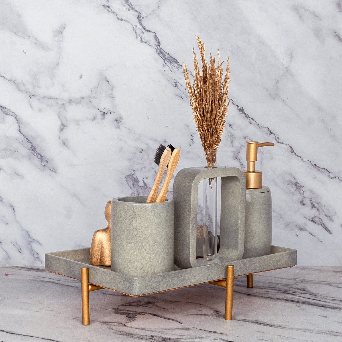 Slavia Bathroom Set in Burnished Grey, handcrafted bathroom accessories set