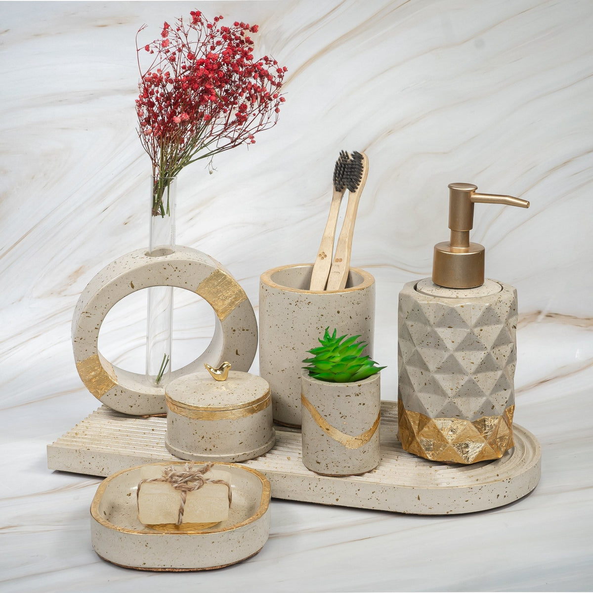 Solara Bathroom Set in Warm Stone, handcrafted bathroom accessories set