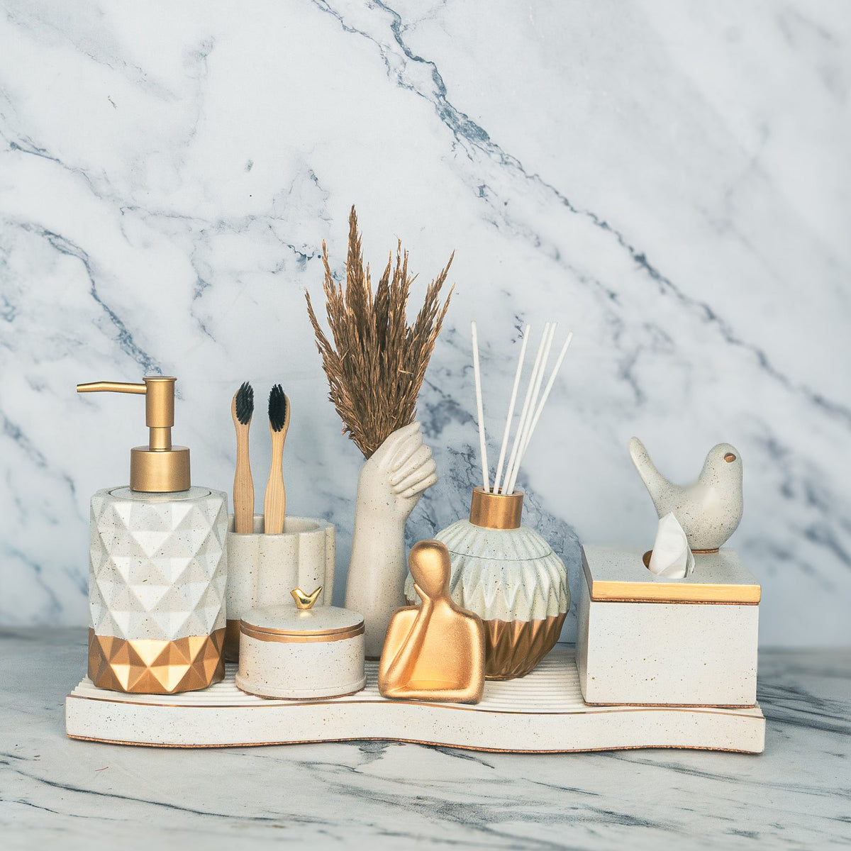 Solaris Bathroom Set in Silver Feather, handcrafted bathroom accessories set