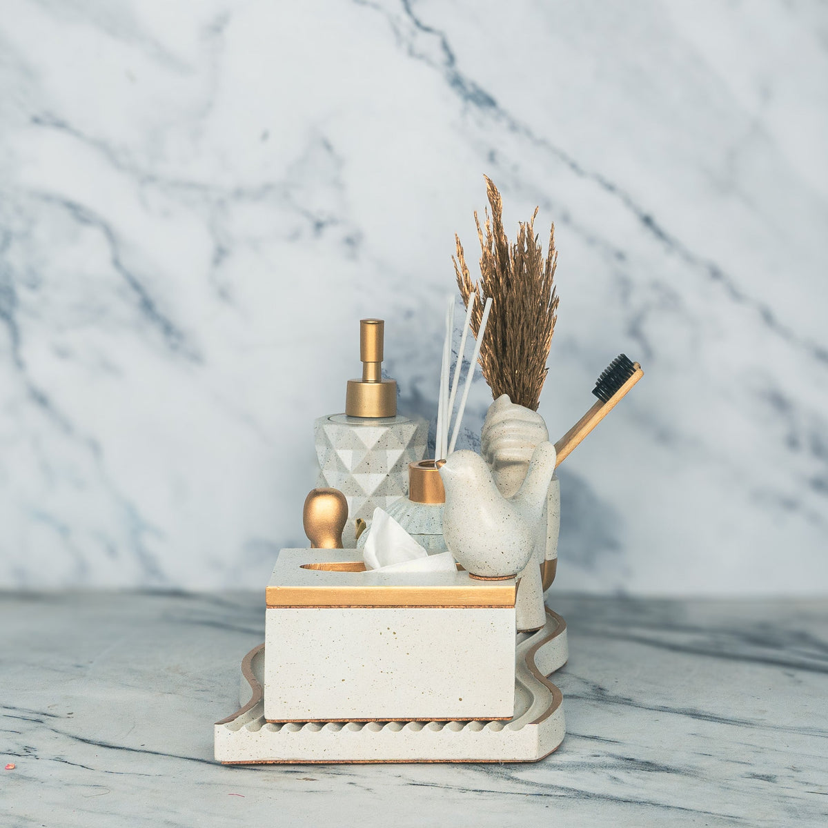 Solaris Bathroom Set in Silver Feather, handcrafted bathroom accessories set