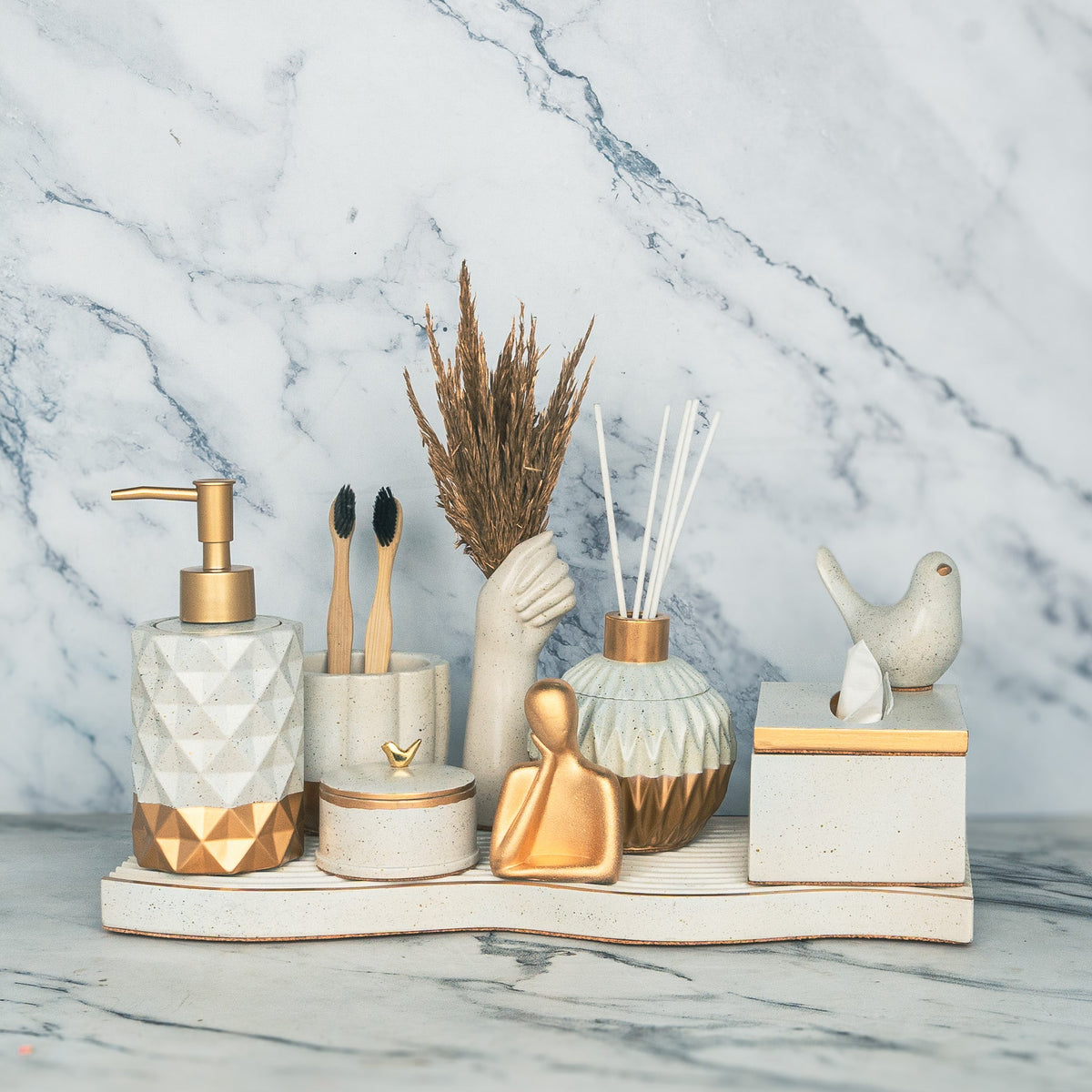 Solaris Bathroom Set in Silver Feather, handcrafted bathroom accessories set