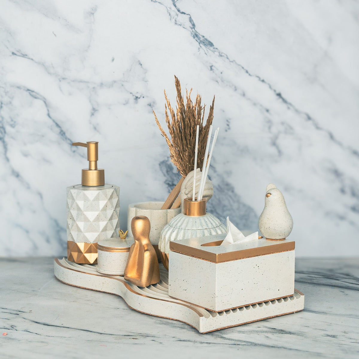 Solaris Bathroom Set in Silver Feather, handcrafted bathroom accessories set