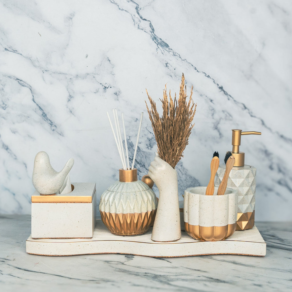 Solaris Bathroom Set in Silver Feather, handcrafted bathroom accessories set