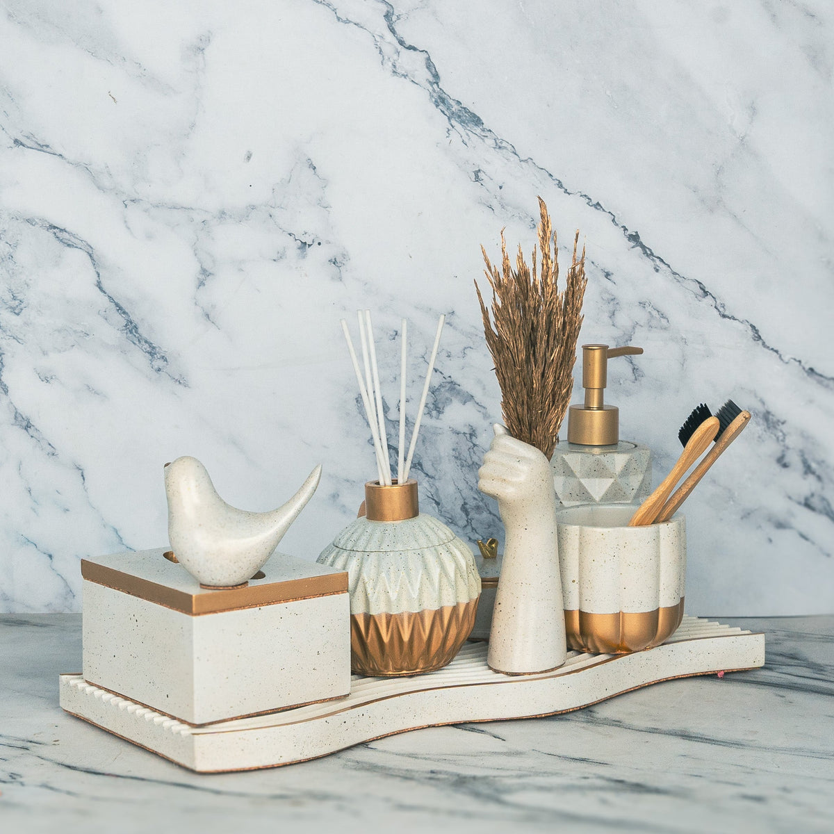Solaris Bathroom Set in Silver Feather, handcrafted bathroom accessories set