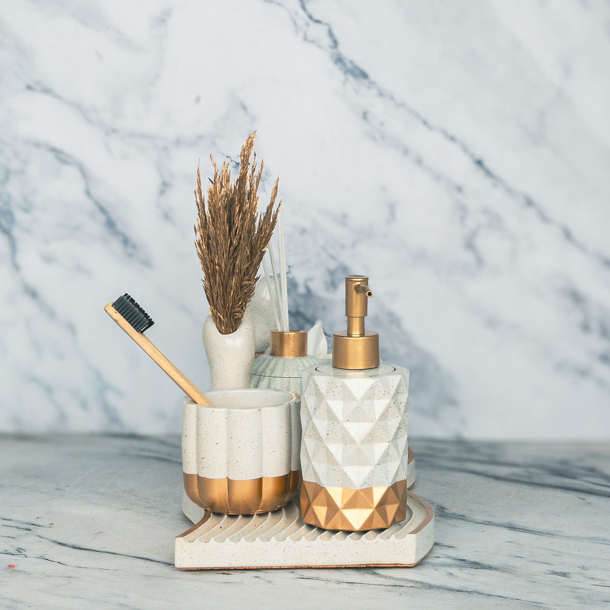 Solaris Bathroom Set in Silver Feather, handcrafted bathroom accessories set
