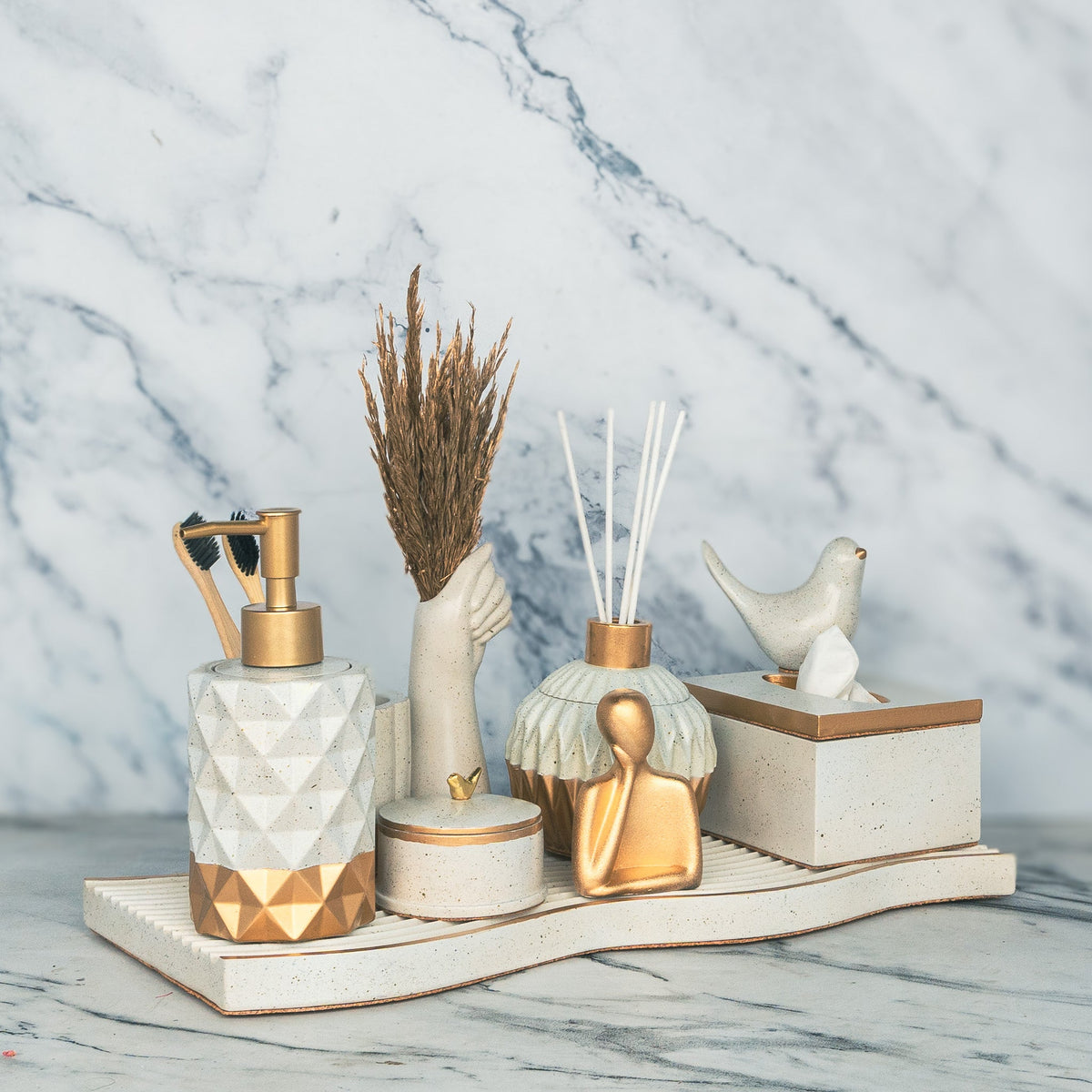 Solaris Bathroom Set in Silver Feather, handcrafted bathroom accessories set